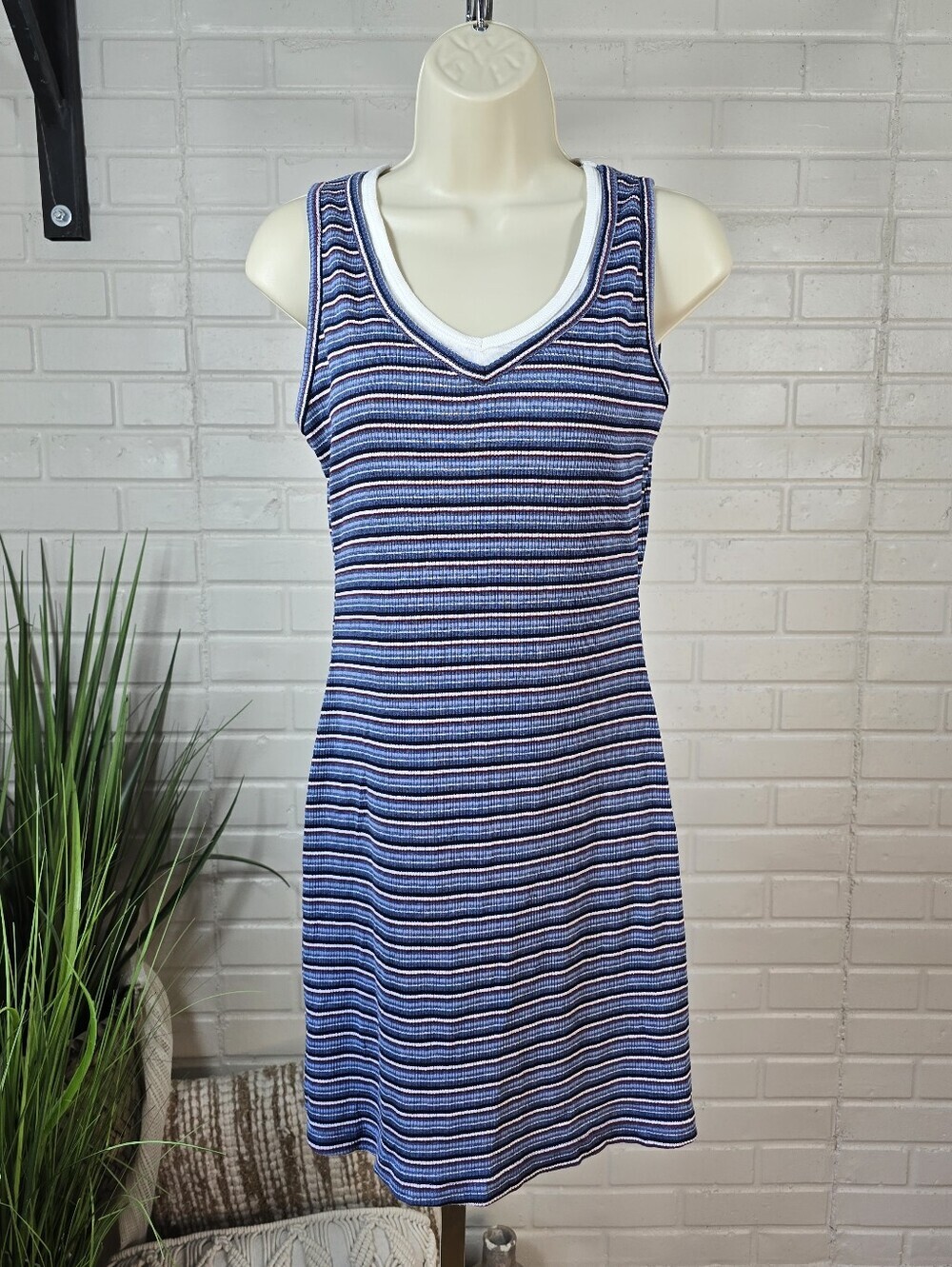 Vintage 90s Maurices Blue and White Striped V Neck Sleeveless Mini Dress Small